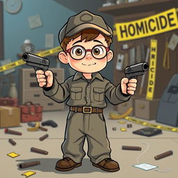 A whimsical scene featuring a slightly animated boy around the age of 10, dressed in his father's big long sleeved shirt and oversized trousers, complete with a cap and glasses