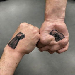 An engaging father and son bicep tattoo design that showcases a detailed fist bump. The larger, weathered father's fist is lovingly bumping the smaller, childlike fist, signifying companionship and shared strength.