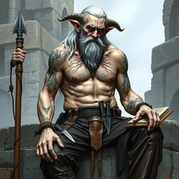 An old and very tall warlock with white cadaveric skin, shirtless, displaying scars across his muscular body and adorned with various tattoos