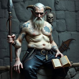 An old and very tall warlock with white cadaveric skin, shirtless, displaying scars across his muscular body and adorned with various tattoos