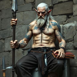 An old and very tall warlock with white cadaveric skin, shirtless, displaying scars across his muscular body and adorned with various tattoos