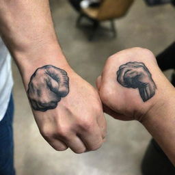 An engaging father and son bicep tattoo design that showcases a detailed fist bump. The larger, weathered father's fist is lovingly bumping the smaller, childlike fist, signifying companionship and shared strength.