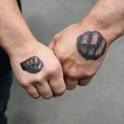 An engaging father and son bicep tattoo design that showcases a detailed fist bump. The larger, weathered father's fist is lovingly bumping the smaller, childlike fist, signifying companionship and shared strength.