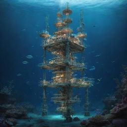 An intriguing aquapunk oil rig, designed with water turbines, coral-like structures, and translucent tubes filled with luminescent fauna, perched atop the azure depths of a biodiverse, underwater world.