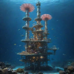 An intriguing aquapunk oil rig, designed with water turbines, coral-like structures, and translucent tubes filled with luminescent fauna, perched atop the azure depths of a biodiverse, underwater world.