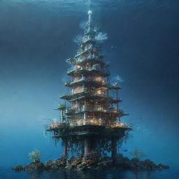 An intriguing aquapunk oil rig, designed with water turbines, coral-like structures, and translucent tubes filled with luminescent fauna, perched atop the azure depths of a biodiverse, underwater world.