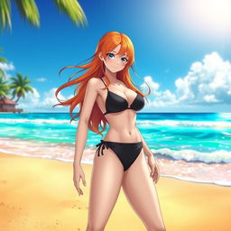 A stunning female character resembling Nami from an anime, wearing a black bikini that accentuates her curves