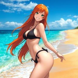 A stunning female character resembling Nami from an anime, wearing a black bikini that accentuates her curves