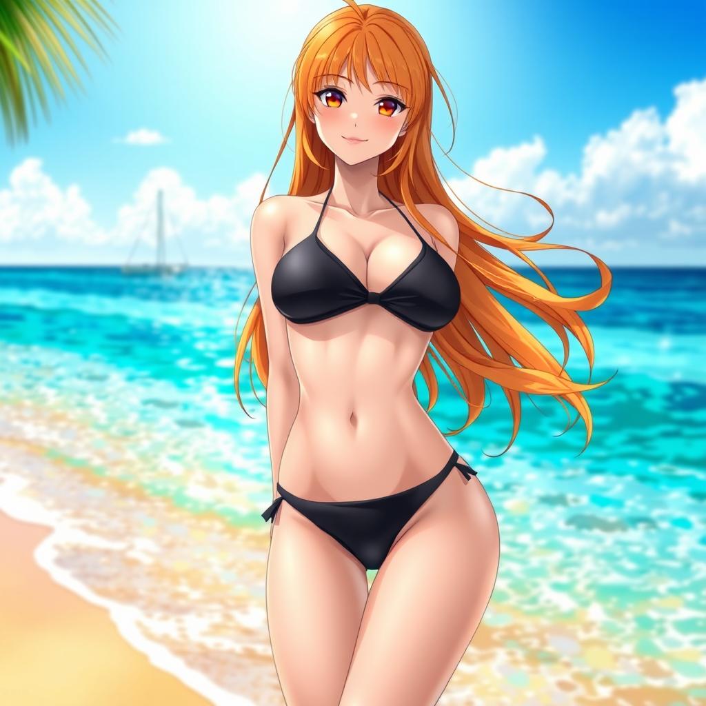 A stunning female character resembling Nami from an anime, wearing a black bikini that accentuates her curves