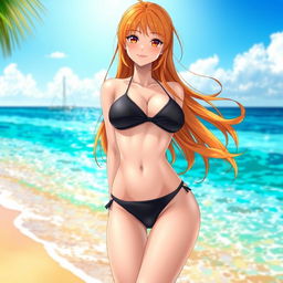 A stunning female character resembling Nami from an anime, wearing a black bikini that accentuates her curves