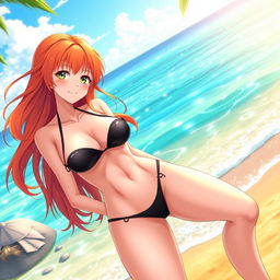 A stunning female character resembling Nami from an anime, wearing a black bikini that accentuates her curves