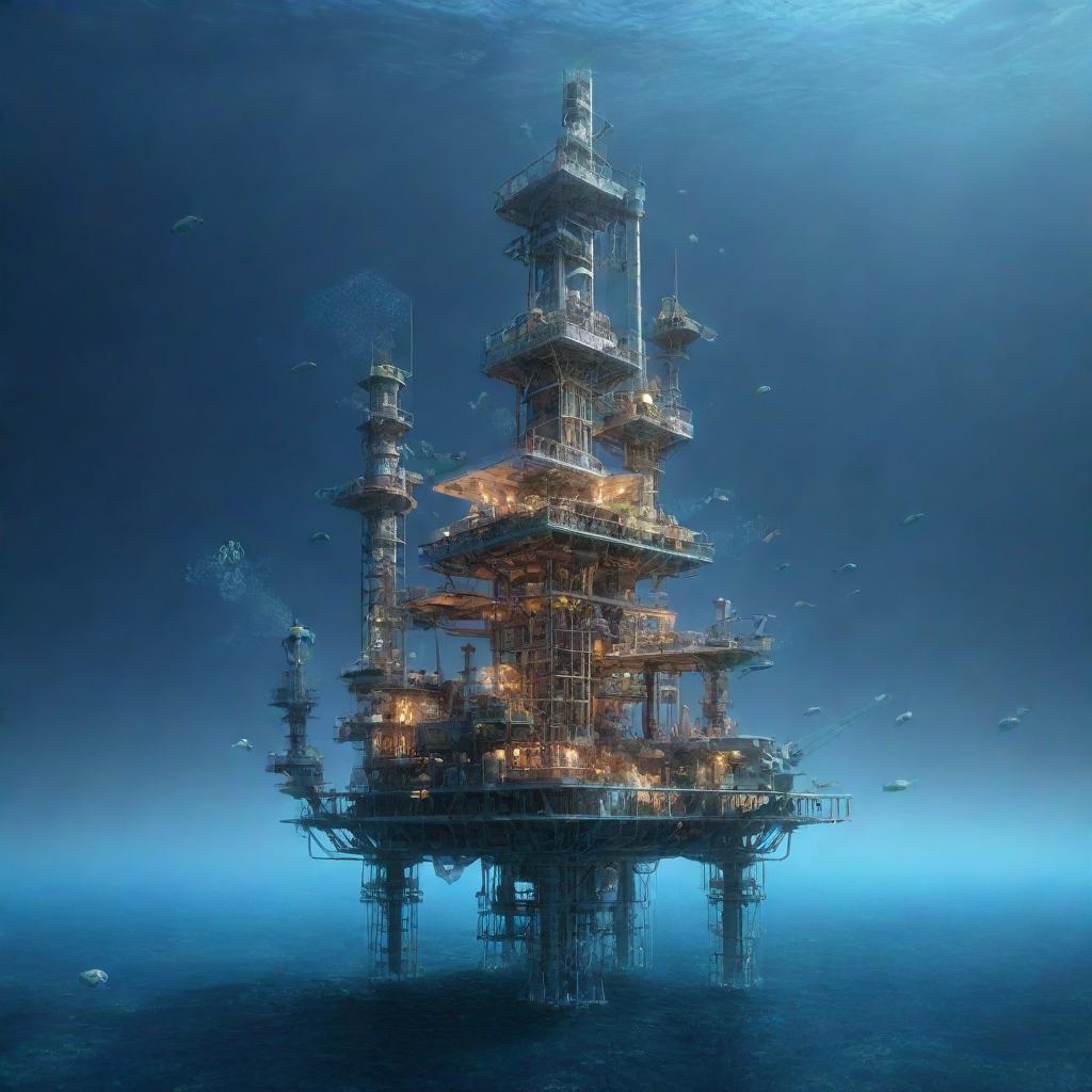 An intriguing aquapunk oil rig, designed with water turbines, coral-like structures, and translucent tubes filled with luminescent fauna, perched atop the azure depths of a biodiverse, underwater world.