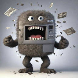 A ferocious, cartoonish monster caught mid-action, biting into an Automated Teller Machine (ATM), with bits of machine parts flying around, symbolising perhaps an allegorical tussle between primitive forces and modern technology.