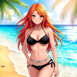 A stunning female character resembling Nami from an anime, wearing a black bikini that accentuates her curves and showcases her cleavage