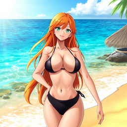 A stunning female character resembling Nami from an anime, wearing a black bikini that accentuates her curves and showcases her cleavage