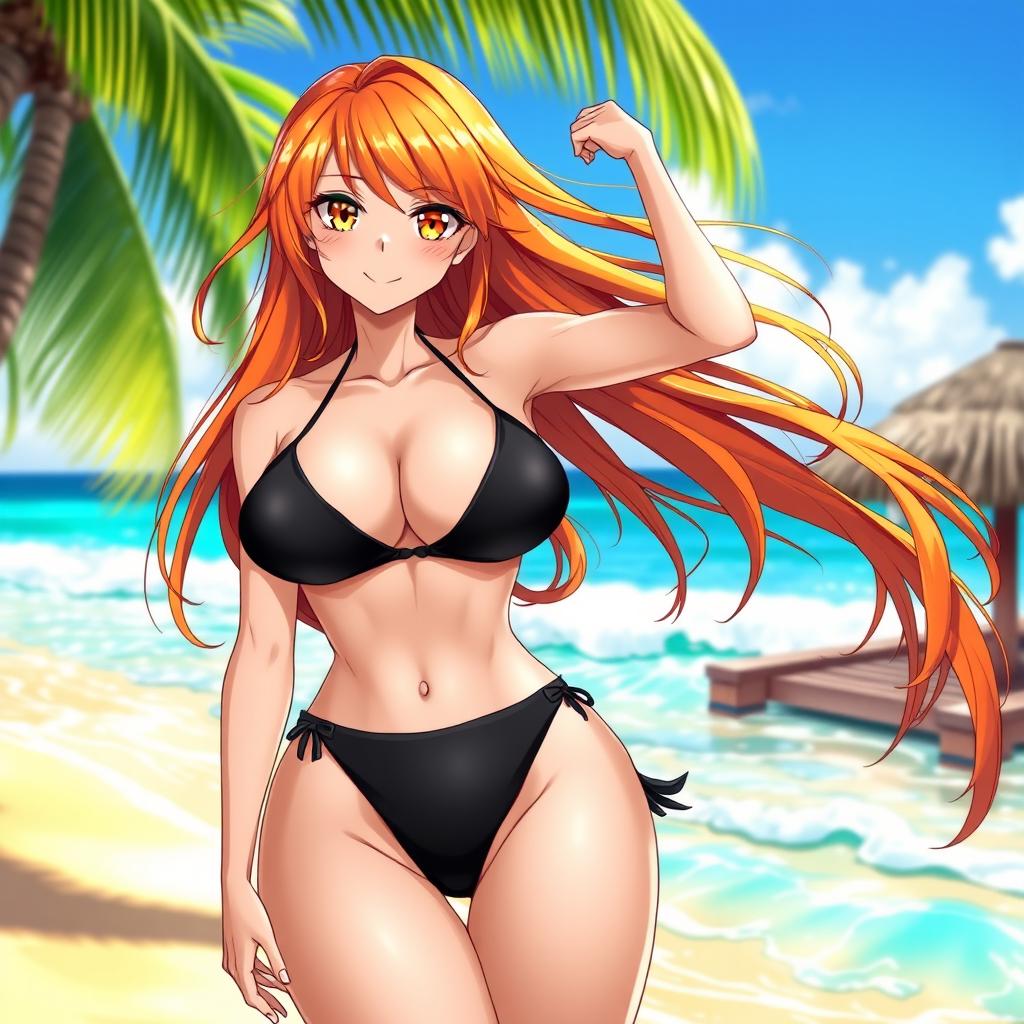 A stunning female character resembling Nami from an anime, wearing a black bikini that accentuates her curves and showcases her cleavage