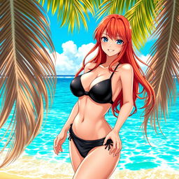 A stunning female character resembling Nami from an anime, wearing a black bikini that accentuates her curves and showcases her cleavage