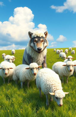 A humorous scene depicting a wolf cleverly disguised as a sheep, blending into a flock of fluffy white sheep in a lush green meadow