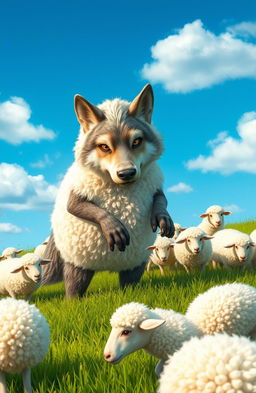 A humorous scene depicting a wolf cleverly disguised as a sheep, blending into a flock of fluffy white sheep in a lush green meadow