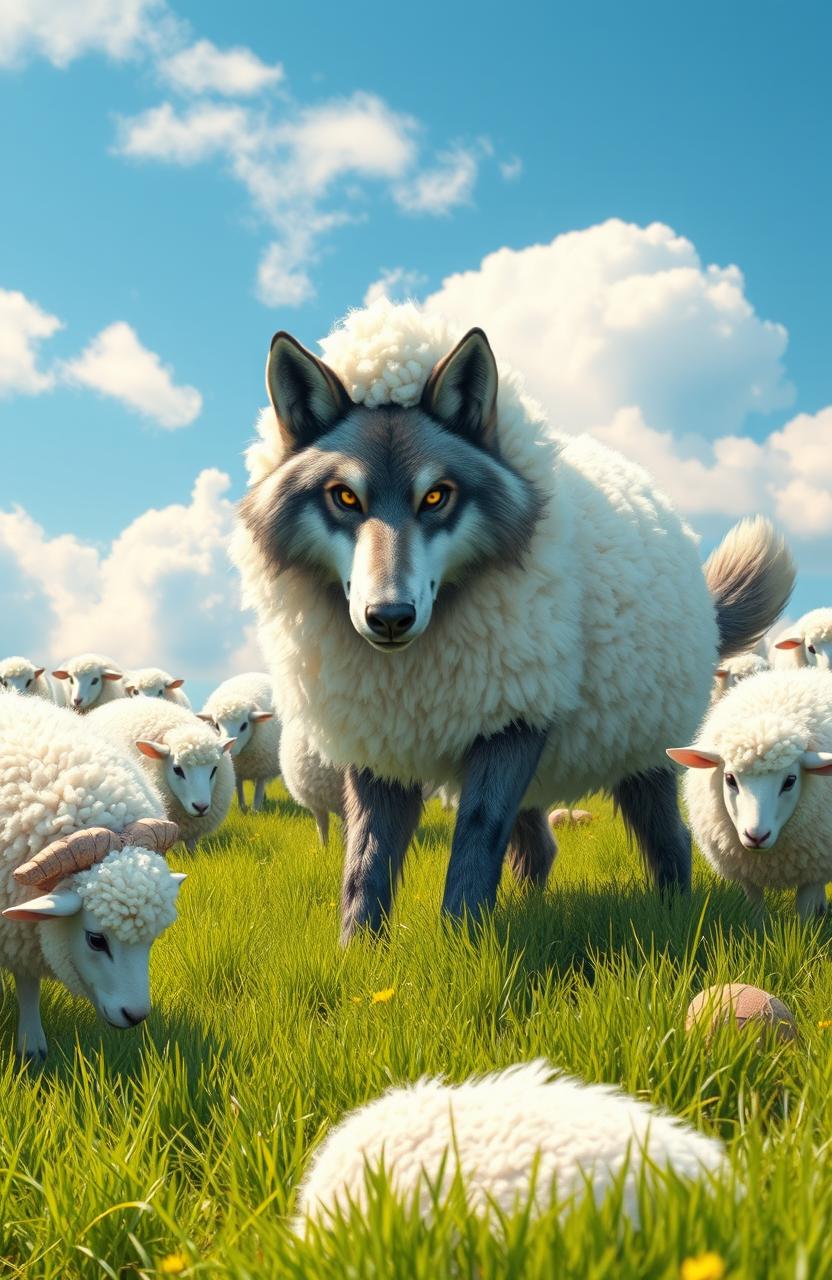 A humorous scene depicting a wolf cleverly disguised as a sheep, blending into a flock of fluffy white sheep in a lush green meadow