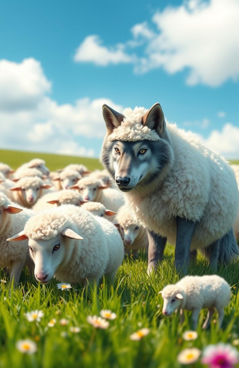 A humorous scene depicting a wolf cleverly disguised as a sheep, blending into a flock of fluffy white sheep in a lush green meadow