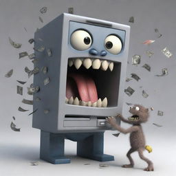 A ferocious, cartoonish monster caught mid-action, biting into an Automated Teller Machine (ATM), with bits of machine parts flying around, symbolising perhaps an allegorical tussle between primitive forces and modern technology.