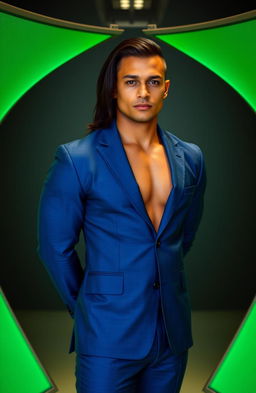 A muscular golden brown handsome man with raven black long hair styled into a fade, wearing a sleek blue suit