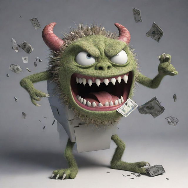 A ferocious, cartoonish monster caught mid-action, biting into an Automated Teller Machine (ATM), with bits of machine parts flying around, symbolising perhaps an allegorical tussle between primitive forces and modern technology.