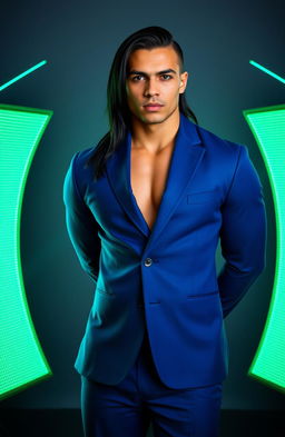 A muscular golden brown handsome man with raven black long hair styled into a fade, wearing a sleek blue suit