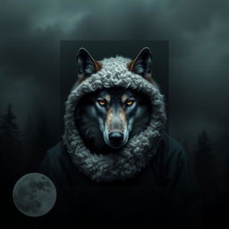 A dramatic and moody cover design featuring a wolf dressed in sheeplike clothing, set against a dark, shadowy background