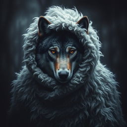 A dramatic and moody cover design featuring a wolf dressed in sheeplike clothing, set against a dark, shadowy background