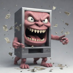 A ferocious, cartoonish monster caught mid-action, biting into an Automated Teller Machine (ATM), with bits of machine parts flying around, symbolising perhaps an allegorical tussle between primitive forces and modern technology.