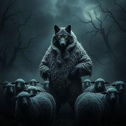 A dark and atmospheric scene featuring a wolf dressed in sheep clothing, set in a misty, shadowy landscape