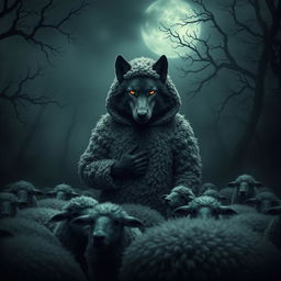 A dark and atmospheric scene featuring a wolf dressed in sheep clothing, set in a misty, shadowy landscape