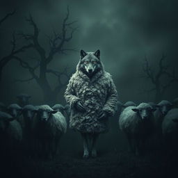 A dark and atmospheric scene featuring a wolf dressed in sheep clothing, set in a misty, shadowy landscape