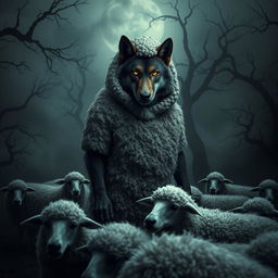 A dark and atmospheric scene featuring a wolf dressed in sheep clothing, set in a misty, shadowy landscape