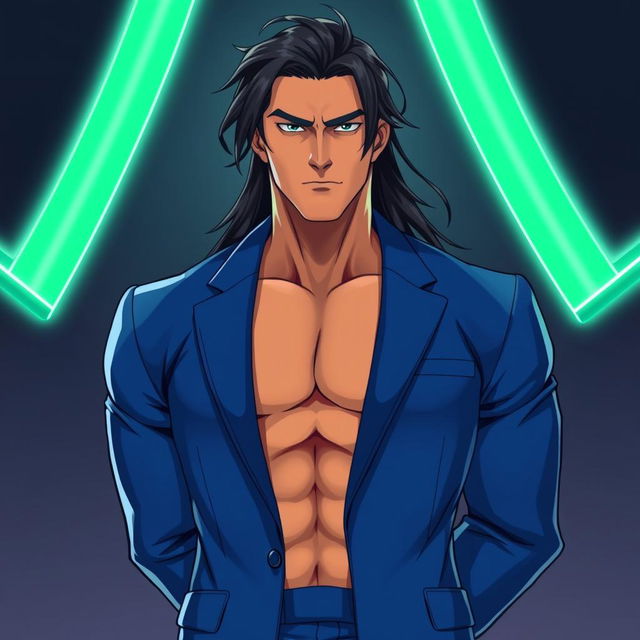 A muscular golden brown handsome man with raven black long hair styled into a fade, depicted in a slightly anime-themed style