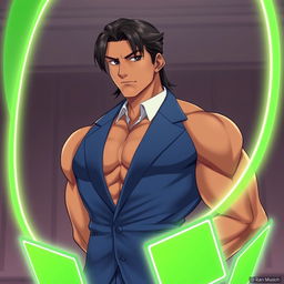 A muscular golden brown handsome man with raven black long hair styled into a fade, depicted in a slightly anime-themed style