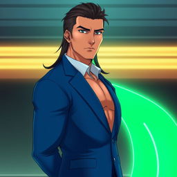 A muscular golden brown handsome man with raven black long hair styled into a fade, depicted in a slightly anime-themed style