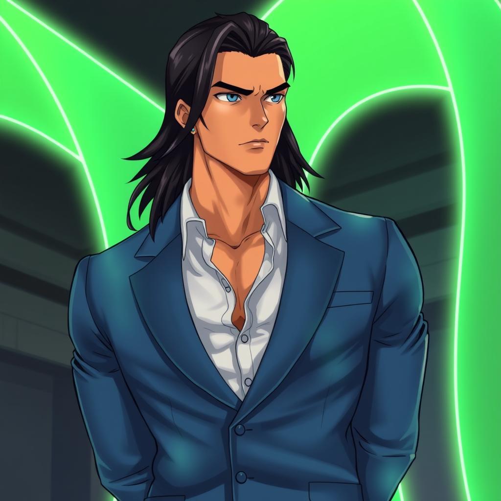 A muscular golden brown handsome man with raven black long hair styled into a fade, depicted in a slightly anime-themed style