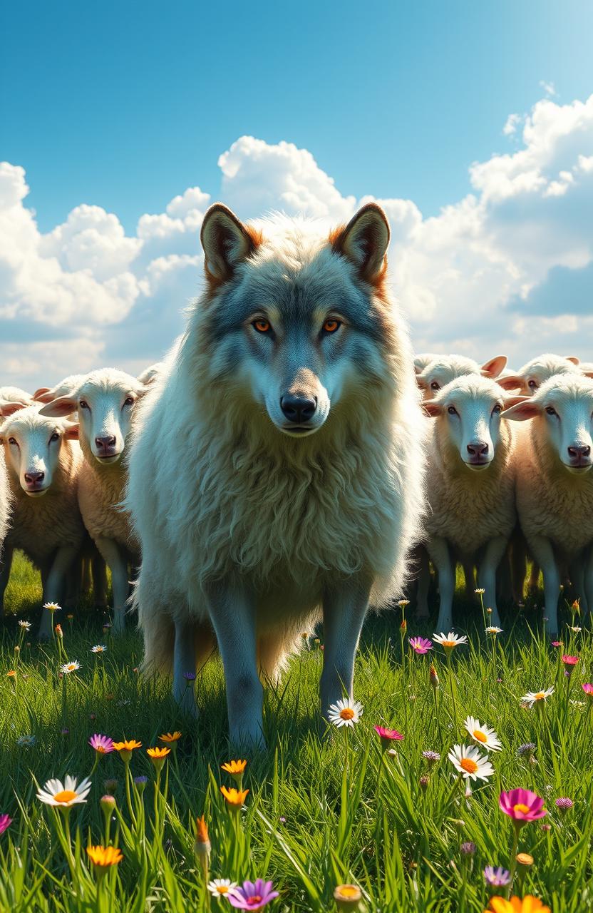 A clever wolf disguised in fluffy sheep's clothing, standing in a lush green meadow surrounded by a flock of unsuspecting sheep