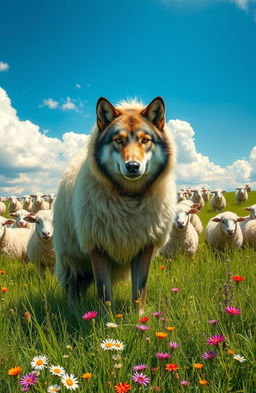 A clever wolf disguised in fluffy sheep's clothing, standing in a lush green meadow surrounded by a flock of unsuspecting sheep