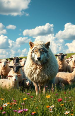 A clever wolf disguised in fluffy sheep's clothing, standing in a lush green meadow surrounded by a flock of unsuspecting sheep