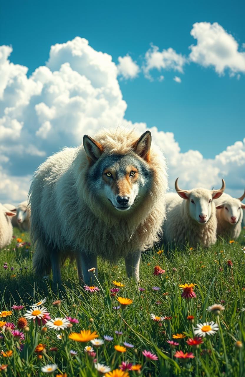 A clever wolf disguised in fluffy sheep's clothing, standing in a lush green meadow surrounded by a flock of unsuspecting sheep