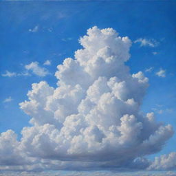 A hyper-realistic painting of a sky filled with fluffy, white clouds against the backdrop of a vibrant blue canvas.