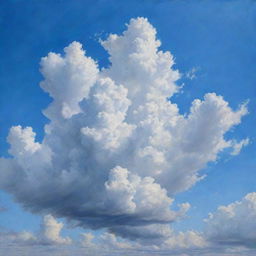 A hyper-realistic painting of a sky filled with fluffy, white clouds against the backdrop of a vibrant blue canvas.