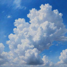 A hyper-realistic painting of a sky filled with fluffy, white clouds against the backdrop of a vibrant blue canvas.