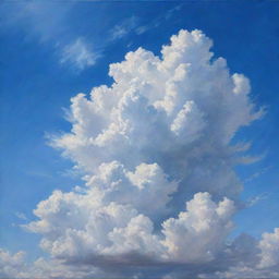 A hyper-realistic painting of a sky filled with fluffy, white clouds against the backdrop of a vibrant blue canvas.