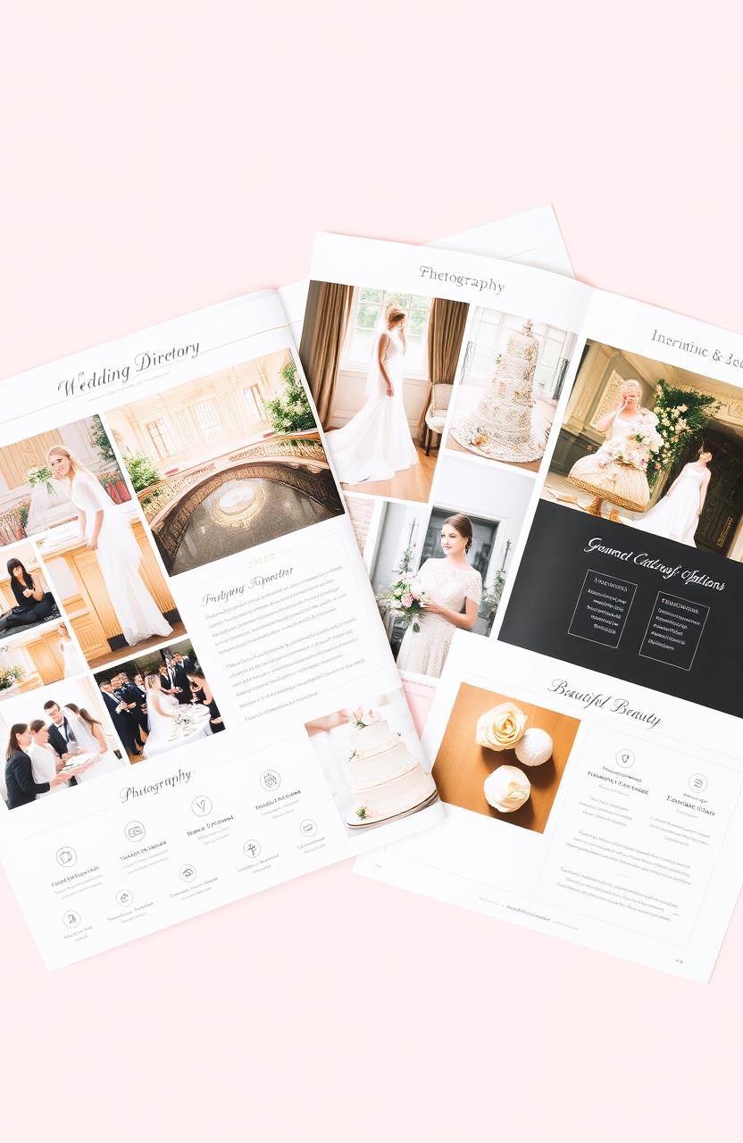 A beautifully organized and visually stunning wedding directory spread out, showcasing various wedding services and inspirations