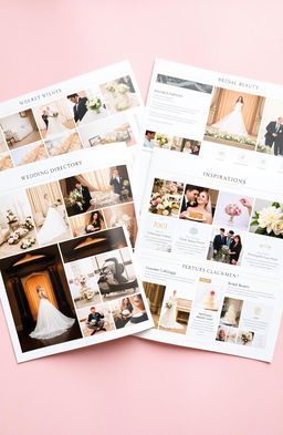 A beautifully organized and visually stunning wedding directory spread out, showcasing various wedding services and inspirations